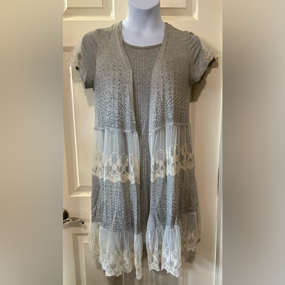 Vocal Gray Short Sleeve Cardigan set with Lace Detail